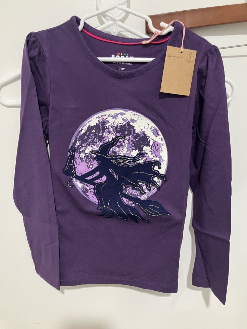 NWT Mini Boden Girls Mystic Purple Witches Puff Sleeve Applique T-Shirt 7-8Y